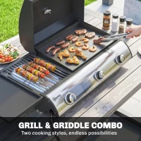 Outsunny 3 Burner Portable Propane Gas Grill Griddle, Tabletop Grill & Griddle Combo with Adjustable Foot Pads, 28,500 BTU, Black(m-4)