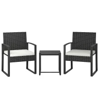 Outsunny Outdoor Bistro Set, 3 Piece Wicker Patio Furniture Set with Glass Top Table and Cushions for Porch, Balcony, Cream White(m-11)