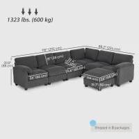 HOMCOM Modular Sectional Sofa, Oversized U-Shaped Couch with Spring Cushion, Corduroy Sofa for Living Room, Charcoal Grey(m-3)