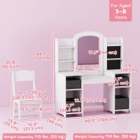 Qaba Kids Vanity Table and Chair, Toddler Dressing Table and Chair Set with Lighted Mirror for Little Girls, White(m-3)