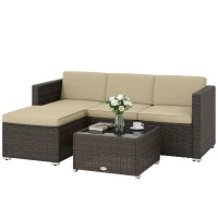 Outsunny 3 Pieces Patio Furniture Set with Cushions, Outdoor PE Rattan Wicker Conversation Corner Sofa Set, Khaki(m-2)