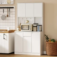 HOMCOM 71" Pantry Cabinet with Charging Station, Kitchen Storage Cabinet with Microwave Stand, Pegboard, 6 S-hooks, White(m-8)