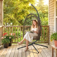 Outsunny Hanging Egg Chair with Stand, Foldable Wicker Rattan Swing Chair with Thick Cushion, Dust Cover and Safety Rope, Brown(m-8)