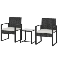 Outsunny Outdoor Bistro Set, 3 Piece Wicker Patio Furniture Set with Glass Top Table and Cushions for Porch, Balcony, Cream White(m-2)