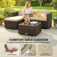Outsunny 3 Pieces Patio Furniture Set with Cushions, Outdoor PE Rattan Wicker Conversation Corner Sofa Set, Khaki(m-5)