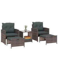 Outsunny 5 Piece Patio Furniture Set, Wicker Patio Chairs with Ottomans, 2-Tier Glass Coffee Table and Cushions, Brown/Dark Grey(m-11)