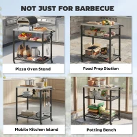 Outsunny Outdoor Grill Cart with Stainless Steel Top, Two-Shelf Pizza Oven Stand, Food Prep Table on Wheels, Black(m-7)