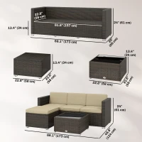 Outsunny 3 Pieces Patio Furniture Set with Cushions, Outdoor PE Rattan Wicker Conversation Corner Sofa Set, Khaki(m-3)