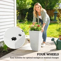 Outsunny 22.8 Inch Set of 3 Outdoor Planters with Stone Finish and Wheels, Stackable Tapered Planters with Drainage Hole, White(m-7)