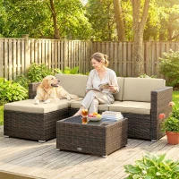 Outsunny 3 Pieces Patio Furniture Set with Cushions, Outdoor PE Rattan Wicker Conversation Corner Sofa Set, Khaki(m-8)