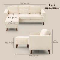 HOMCOM Sectional Sofa with Changeable Chaise Lounge, 3 Seat L-Shaped Sofa, Upholstered Couch for Small Space, Cream White(m-3)