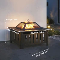 Outsunny 26" Outdoor Fire Pit with Fire Poker, Steel Square Wood Burning Firepit with Mesh Lid, Firepits, Black(m-3)