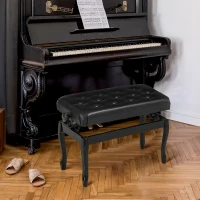 HOMCOM Adjustable Height Piano Bench Stool, PU Leather Button Tufted Padded Keyboard Seat with Rubber Wood Legs, Black(m-8)