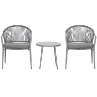 Outsunny 3-Piece Rattan Bistro Set, Garden Seating Group with 2 Armchairs and Coffee Table, Balcony Furniture Set, Grey(m-2)