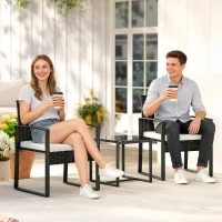 Outsunny Outdoor Bistro Set, 3 Piece Wicker Patio Furniture Set with Glass Top Table and Cushions for Porch, Balcony, Cream White(m-1)