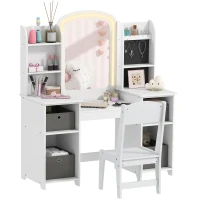 Qaba Kids Vanity Table and Chair, Toddler Dressing Table and Chair Set with Lighted Mirror for Little Girls, White(m-11)