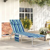 Outsunny Tanning Chair with Face Hole and Side Table, Folding Outdoor Lounge Chair with Carry Straps, Side Pocket, Blue Stripe(m-1)