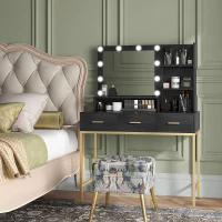 HOMCOM Illuminated Dressing Table, LED Vanity Table with Mirror, 3 Drawers and Storage Shelves for Bedroom, Black(m-8)