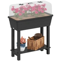 Outsunny 41L Self Watering Raised Garden Bed w/ Ventilation Transparent Lid Greenhouse, Planter Box w/ Storage Shelf, Black(m-11)