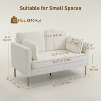 HOMCOM Loveseat Sofa, 55" Small Sofa Couch with 2 Pillows, Metal Legs for Living Room, Bedroom, Apartment, Cream White(m-3)