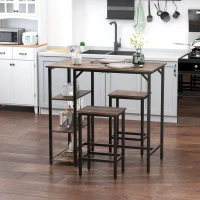 HOMCOM Industrial Dining Table Set for 2, Bar Table and Stools Set, Counter Height Kitchen Table with Chairs with Storage Shelf, Rustic Brown(m-8)