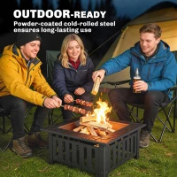 Outsunny 26" Outdoor Fire Pit with Fire Poker, Steel Square Wood Burning Firepit with Mesh Lid, Firepits, Black(m-9)