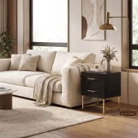 HOMCOM 2 Pieces Nightstands with Storage, Modern Bedside Tables with 2 Fluted Drawers and Gold Legs for Bedroom, Black(m-9)