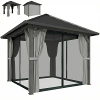 Outsunny 10' x 10' Hardtop Gazebo with Galvanized Steel Roof, Permanent Garden Gazebo with Netting and Curtains(m-2)