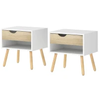 HOMCOM Set of 2 Bedside Table with Drawer and Shelf, Modern Nightstand with Wooden Legs, End Table for Bedroom, White(m-13)