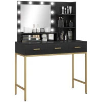 HOMCOM Illuminated Dressing Table, LED Vanity Table with Mirror, 3 Drawers and Storage Shelves for Bedroom, Black(m-11)