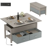 HOMCOM Lift Top Coffee Table, Center Table with 3 Hidden Compartments, 2 Fabric Drawers, Expandable Top and Charging Station(m-11)