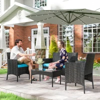 Outsunny 4 Pieces Wicker Outdoor Balcony Furniture Set Rattan Patio Furniture Set with Loveseat Chairs Glass Coffee Table Turquoise(m-9)