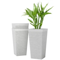 Outsunny 22.8 Inch Set of 3 Outdoor Planters with Stone Finish and Wheels, Stackable Tapered Planters with Drainage Hole, White(m-11)