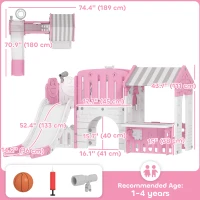 Qaba 7-in-1 Toddler Slide, Kids Slide Climber Playset with Playhouse and Basketball Hoop for 1-4 Years, Pink(m-3)
