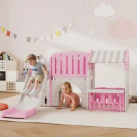 Qaba 7-in-1 Toddler Slide, Kids Slide Climber Playset with Playhouse and Basketball Hoop for 1-4 Years, Pink(m-1)