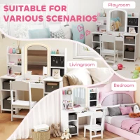 Qaba Kids Vanity Table and Chair, Toddler Dressing Table and Chair Set with Lighted Mirror for Little Girls, White(m-9)