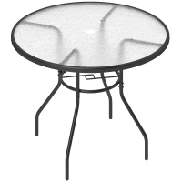 Outsunny 39.4" Round Outdoor Dining Table Coffee Side Bistro Table with Umbrella Hole, Glass Top, Steel Frame for Garden, Patio(m-2)