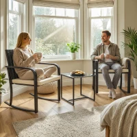 Outsunny 3 Pieces Rocking Bistro Set Outdoor Patio Furniture Set with Cushions, Glass Coffee Table for Balcony, Cream White(m-10)