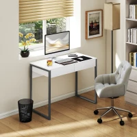 HOMCOM High Gloss Home Office Desk, 39" x 20" Computer Desk with 2 Drawers for Small Spaces, White and Grey(m-9)