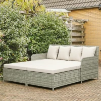 Outsunny Rattan Outdoor Daybed, Sunbed Loveseat with Soft Cushions, 4 Pillows, Curved Backrest & Armrest, Beige(m-1)