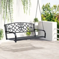 Outsunny 50"L Steel Porch Swing Fleur-De-Lis Patio Swing Chair Hanging Bench Outdoor 2-person Glider Chair Seat w/ Chain Antique Style Black(m-1)