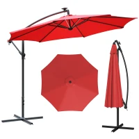 Outsunny 10ft Cantilever Solar Hanging Offset Umbrella Outdoor LED Lights Aluminum Market Banana Parasol Crank w/ Cross Base Garden Sun Shelter Red(m-2)