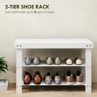 HOMCOM Bamboo Shoe Storage Bench, 3-Tier Entryway Bench with 2 Storage Shelves for Hallway, Holds 6 Pairs, White(m-4)