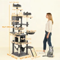 PawHut 76" Large Cat Tree for Indoor Cats with 8 Scratching Posts, 3 Plush Beds, 2 Hammocks, 2 Large Condos, Ramp, Dark Grey(m-3)