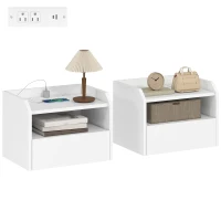 HOMCOM Wall Mounted Bedside Table, Set of 2 Floating Nightstand with Charging Station, Drawer and Open Shelf for Bedroom, White(m-11)