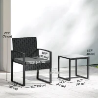 Outsunny Outdoor Bistro Set, 3 Piece Wicker Patio Furniture Set with Glass Top Table and Cushions for Porch, Balcony, Dark Grey(m-3)