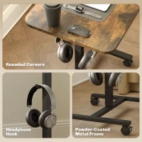 HOMCOM Height Adjustable Standing Desk, Pneumatic Sit Stand Desk with Wheels and Headphone Hook, Rustic Brown(m-7)