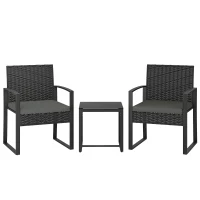 Outsunny Outdoor Bistro Set, 3 Piece Wicker Patio Furniture Set with Glass Top Table and Cushions for Porch, Balcony, Dark Grey(m-11)