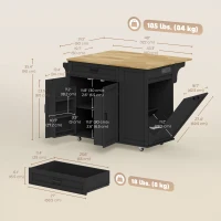 HOMCOM Kitchen Island Cart, Portable Kitchen Island Table with Charging Station, Rubber Wood Drop Leaf, Trash Storage, Black(m-3)