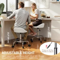 HOMCOM PU Leather Rolling Stool, Height Adjustable Swivel Salon Chair with Backrest and Foot Rest for Spa, Tattoo, White(m-4)